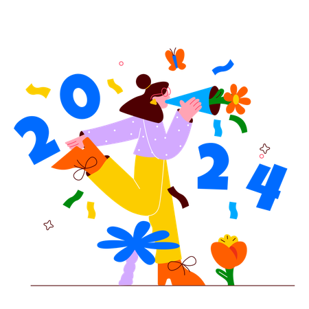 Garota gritando e comemorando o ano novo  Ilustração