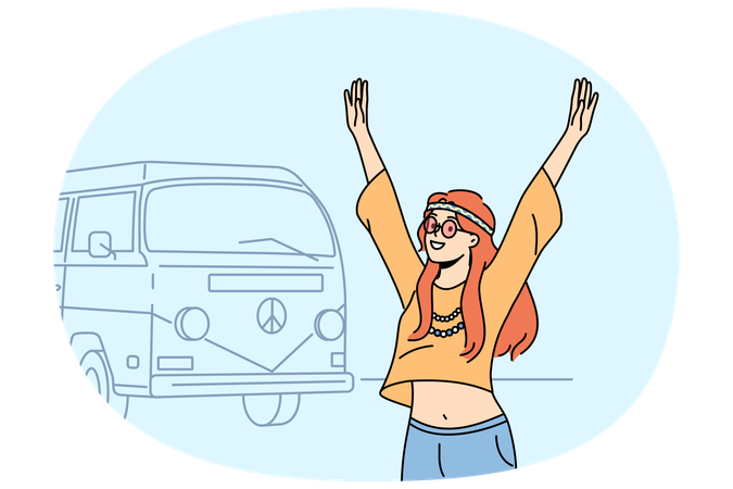 Garota hippie faz viagem de verão em minivan e levanta a mão  Ilustração