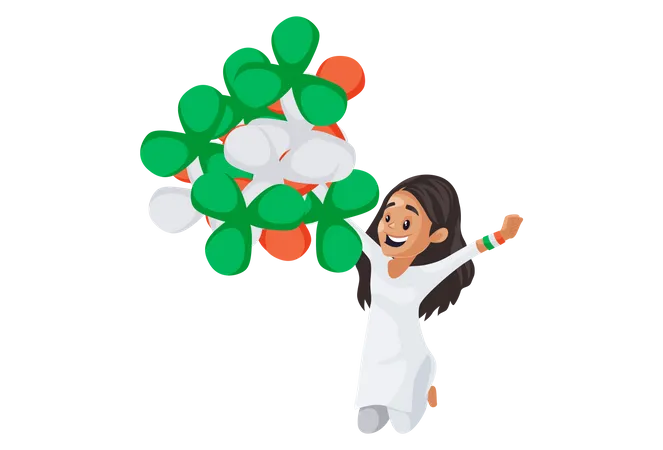 Menina indiana está pulando e segurando balões nas mãos  Ilustração