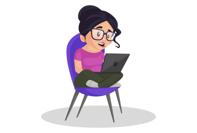 Menina indiana sentada na cadeira enquanto trabalhava no laptop  Ilustração