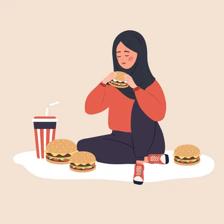 Garota infeliz comendo fast food excessivo  Ilustração
