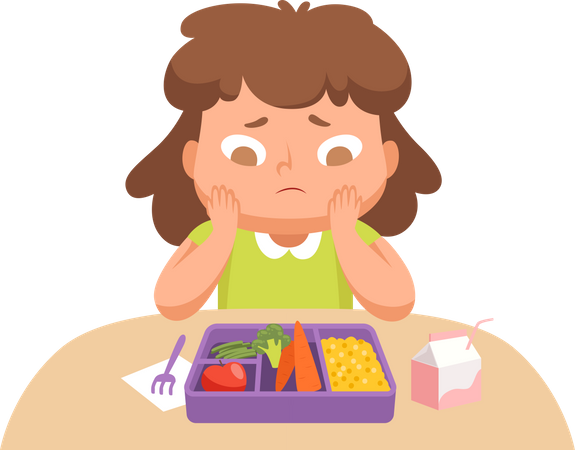 Garota infeliz devido à salada saudável na caixa tiffin  Ilustração
