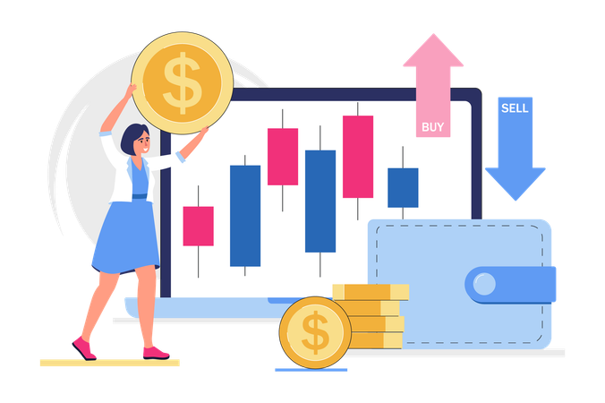 Garota investindo dinheiro no mercado de ações  Ilustração