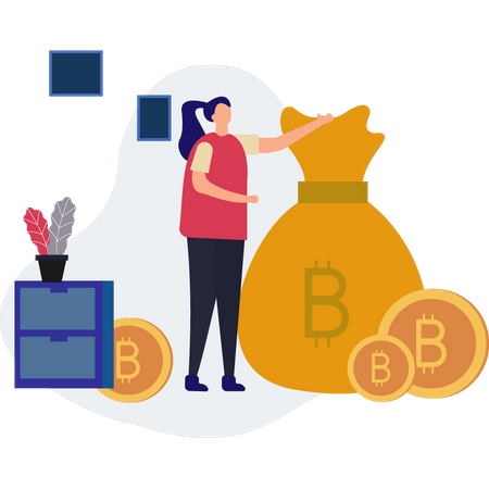 Garota investindo em bitcoin  Ilustração