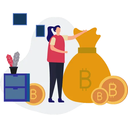A Garota Tem Uma Bolsa De Dinheiro Bitcoin Ilustração