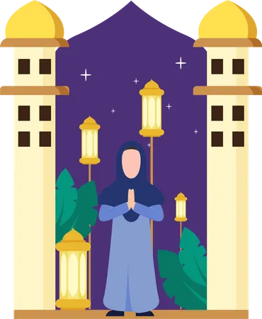 Garota islâmica em pose de oração  Ilustração