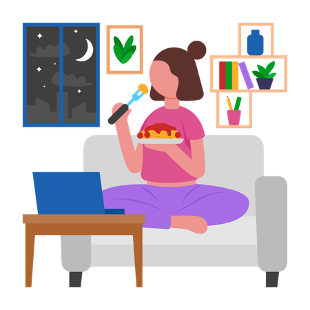 Garota jantando no sofá  Ilustração