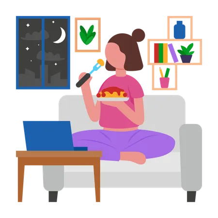Garota jantando no sofá  Ilustração