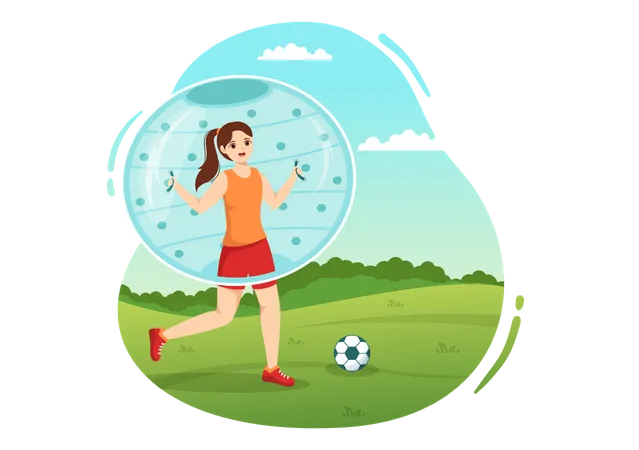 Garota joga futebol enquanto usa bola zorbing  Ilustração