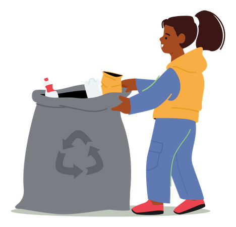 Menina joga lixo no saco  Ilustração