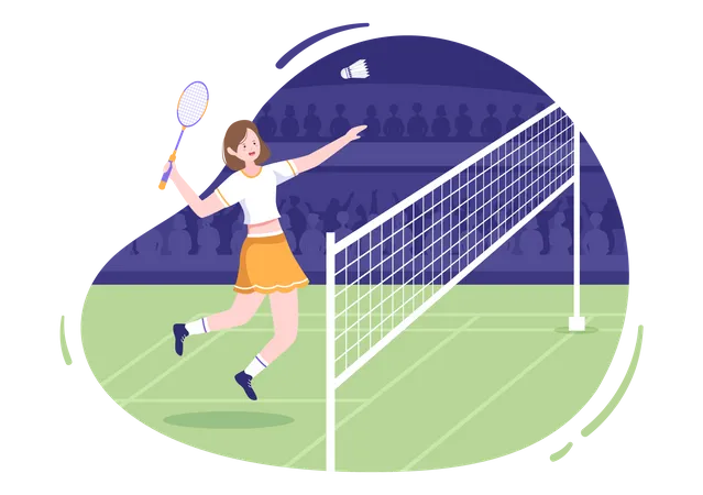 Jogador De Badminton Com Transporte Na Quadra Em Ilustracao De Desenho Animado Estilo Plano Feliz Jogando Jogos Esportivos E Design De Lazer Ilustração
