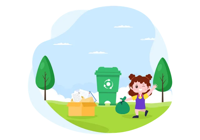Menina jogando lixo na lixeira  Ilustração