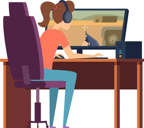 Garota jogando videogame no monitor  Ilustração