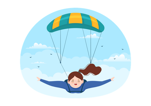 Garota lança pára-quedas durante salto de paraquedas  Ilustração