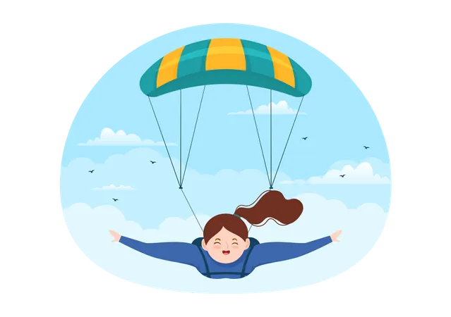 Garota lança pára-quedas durante salto de paraquedas  Ilustração