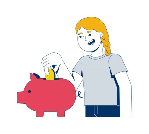 Menina loira colocando moedas no cofrinho  Ilustração