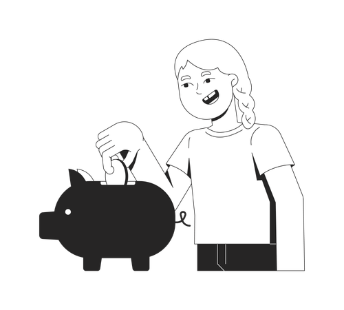 Menina loira colocando moedas no cofrinho  Ilustração