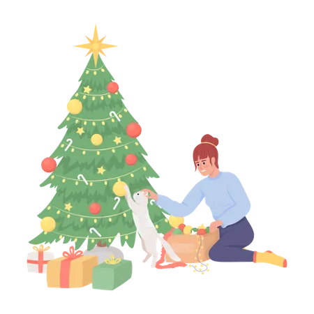Menina mantém o gato longe de mexer na árvore de Natal  Ilustração