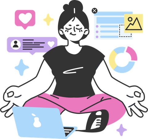 Menina meditando para se concentrar no trabalho  Ilustração