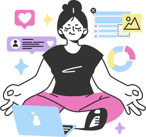 Menina meditando para se concentrar no trabalho  Ilustração