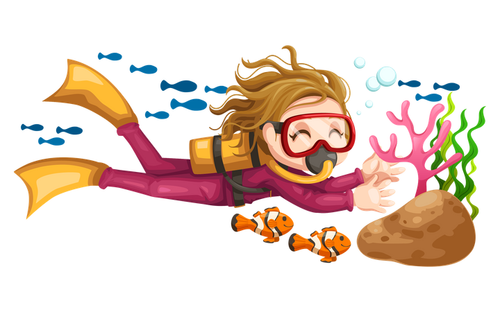 Garota mergulhando debaixo d’água e curtindo coral  Ilustração