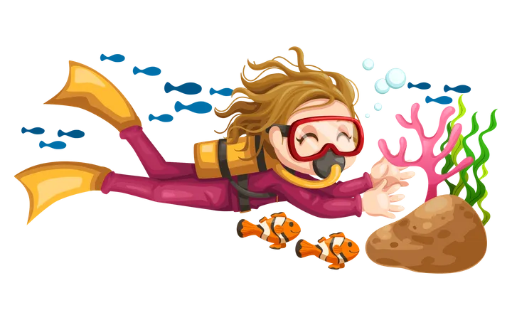 Garota mergulhando debaixo d’água e curtindo coral  Ilustração