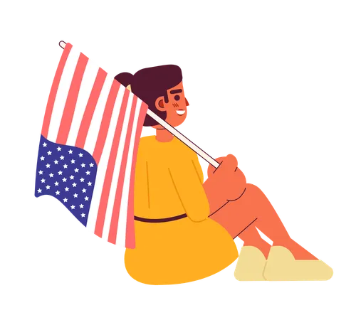 Garota de raça mista com bandeira americana sentada  Ilustração