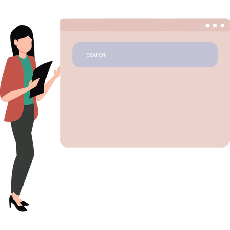 Garota mostrando a barra de pesquisa na página da web  Ilustração