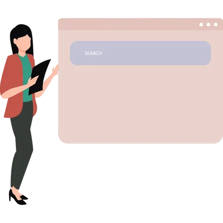 Garota mostrando a barra de pesquisa na página da web  Ilustração