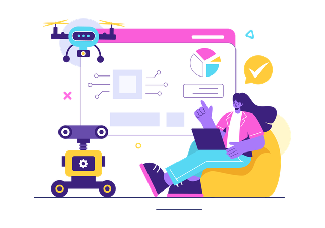 Garota mostrando análise de robô enquanto trabalhava com tecnologia robótica  Ilustração
