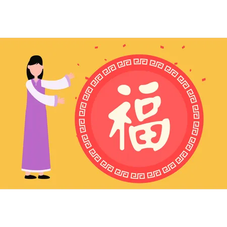 Garota mostrando a bandeira do Ano Novo Chinês  Ilustração