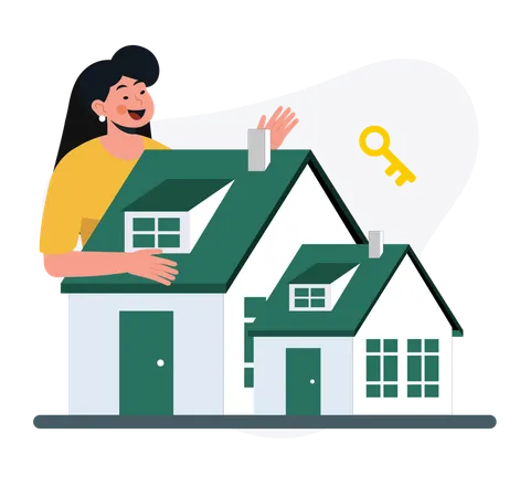 Menina mostrando casa imobiliária  Ilustração