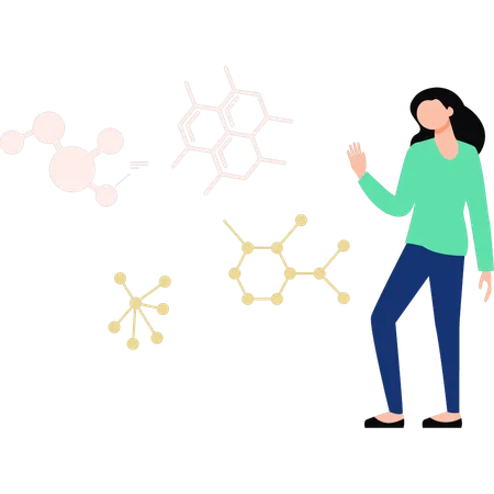 Garota mostrando moléculas diferentes  Ilustração