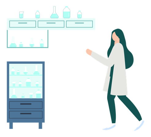 Garota mostrando produtos químicos no laboratório de química  Ilustração