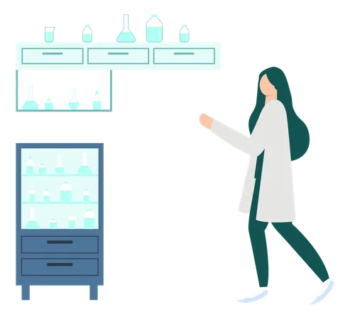 Garota mostrando produtos químicos no laboratório de química  Ilustração