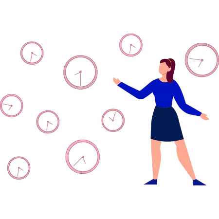 Menina mostrando diferentes tamanhos de relógios  Ilustração