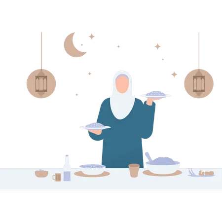 Garota muçulmana está colocando comida na mesa  Ilustração