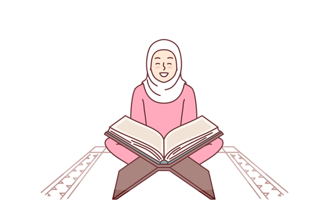 A menina muçulmana lê o Alcorão do livro sagrado  Ilustração