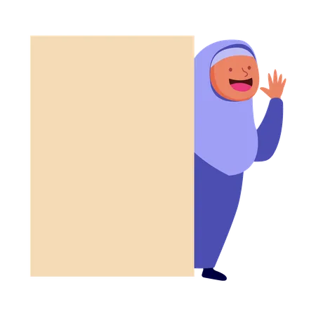 Menina muçulmana atrás do quadro de avisos em branco  Ilustração