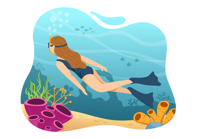Garota fazendo natação subaquática  Ilustração