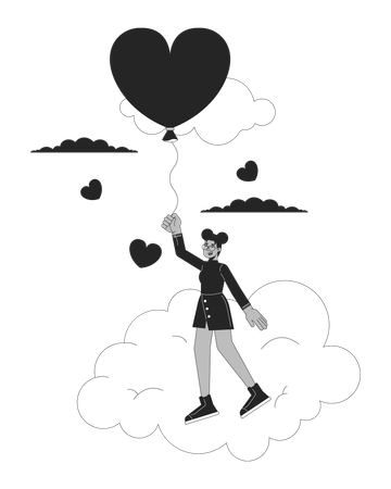 Garota negra voando com balão acima das nuvens  Ilustração