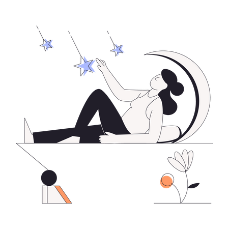 Menina observando estrelas durante a noite  Ilustração
