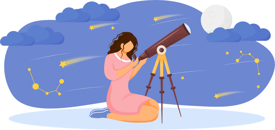 Menina olhando estrelas e lua com telescópio  Ilustração