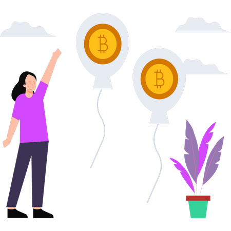 Garota olhando balões de bitcoin  Ilustração