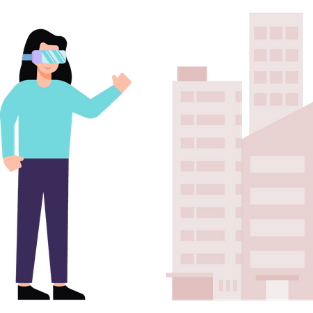 Menina olhando para edifícios usando óculos VR  Ilustração