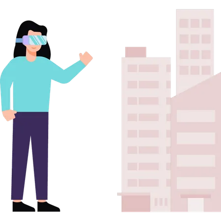 Menina olhando para edifícios usando óculos VR  Ilustração
