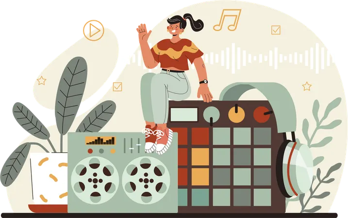 Garota ouvindo faixa de áudio  Ilustração