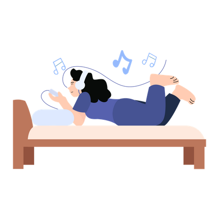 Menina ouvindo música enquanto estava deitada na cama  Ilustração
