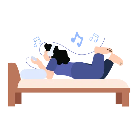 Menina ouvindo música enquanto estava deitada na cama  Ilustração