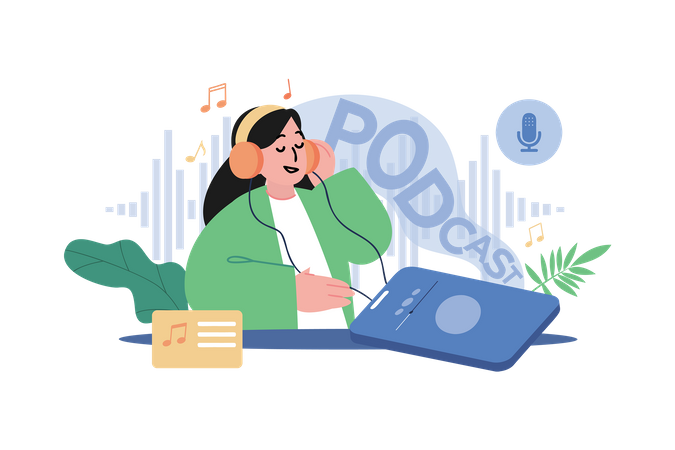 Garota ouvindo podcast  Ilustração